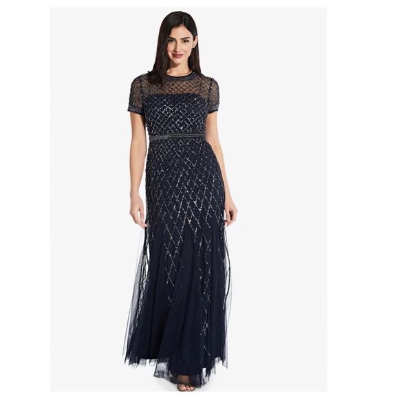 Adrianna Papell Cap Sleeve Beaded Gown Black sz8 - Picture 2 of 5